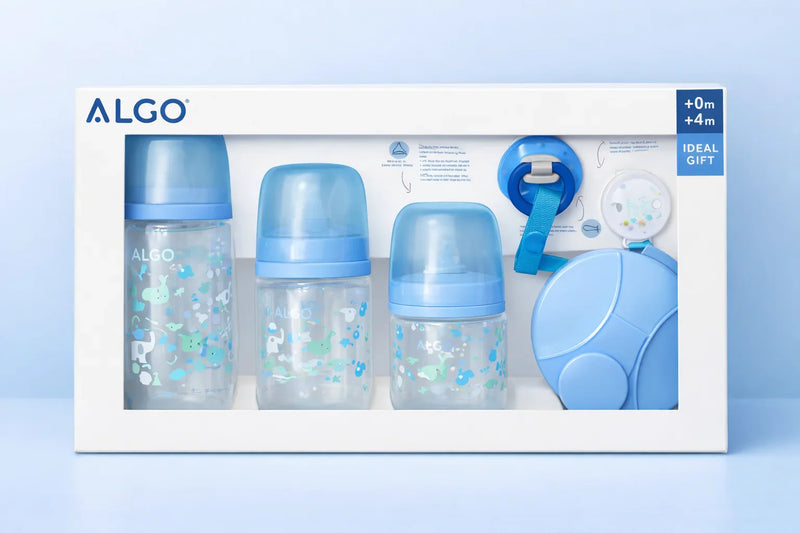 Baby feeding bottle set gift pack with blue lids and cute animal prints, ideal for newborns and infants