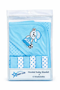 Blue hooded baby blanket with bear embroidery and six polka dot baby washcloths in package
