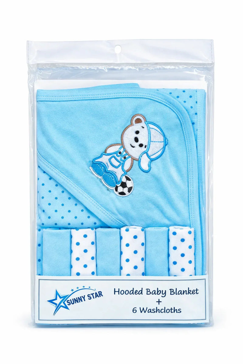 Blue hooded baby blanket with bear embroidery and six polka dot baby washcloths in package