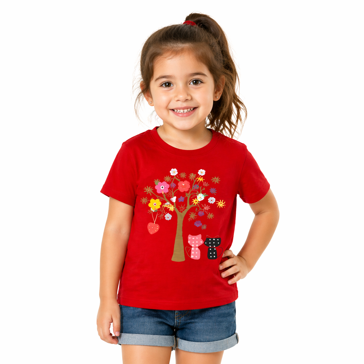 Girls red floral tree t-shirt from Little Minors featuring a cute cat print, perfect for summer wear for ages 1 to 14.