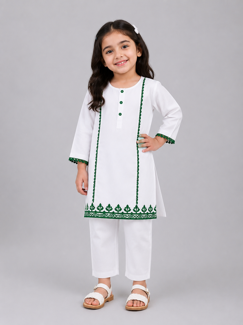 Girls White Cotton Kurta Trouser Set with Green Lace Trim – 2 Piece Eastern Wear for Kids