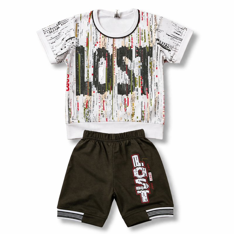 Little Minors boys summer co-ord set with printed t-shirt and black shorts, casual kids' outfit for warm weather.