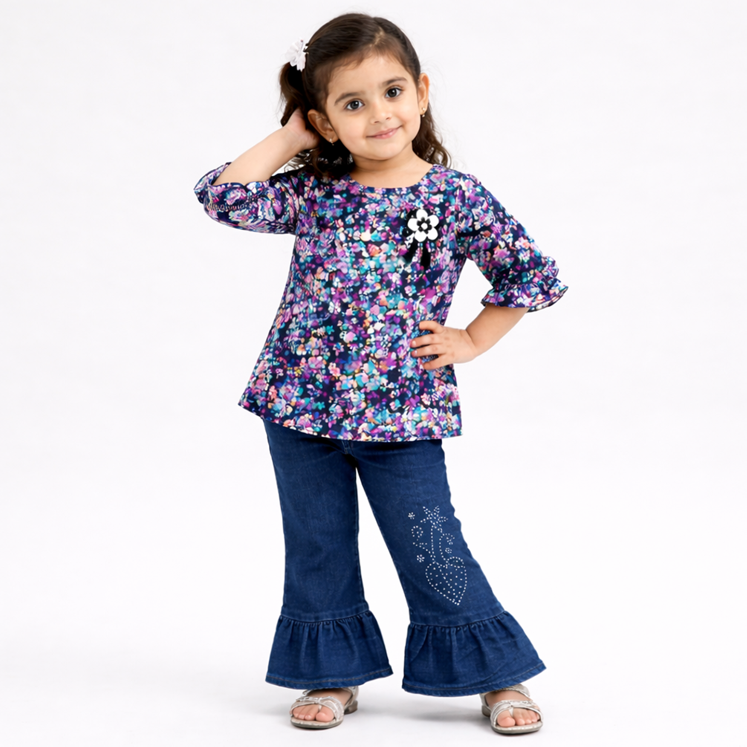 Girls Red Floral Printed Top with Denim Bell Bottom Jeans – Stylish Kids Outfit