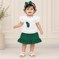 Girls White Butterfly Top & Green Polka Dot Skirt Set with Matching Headband 3Pcs