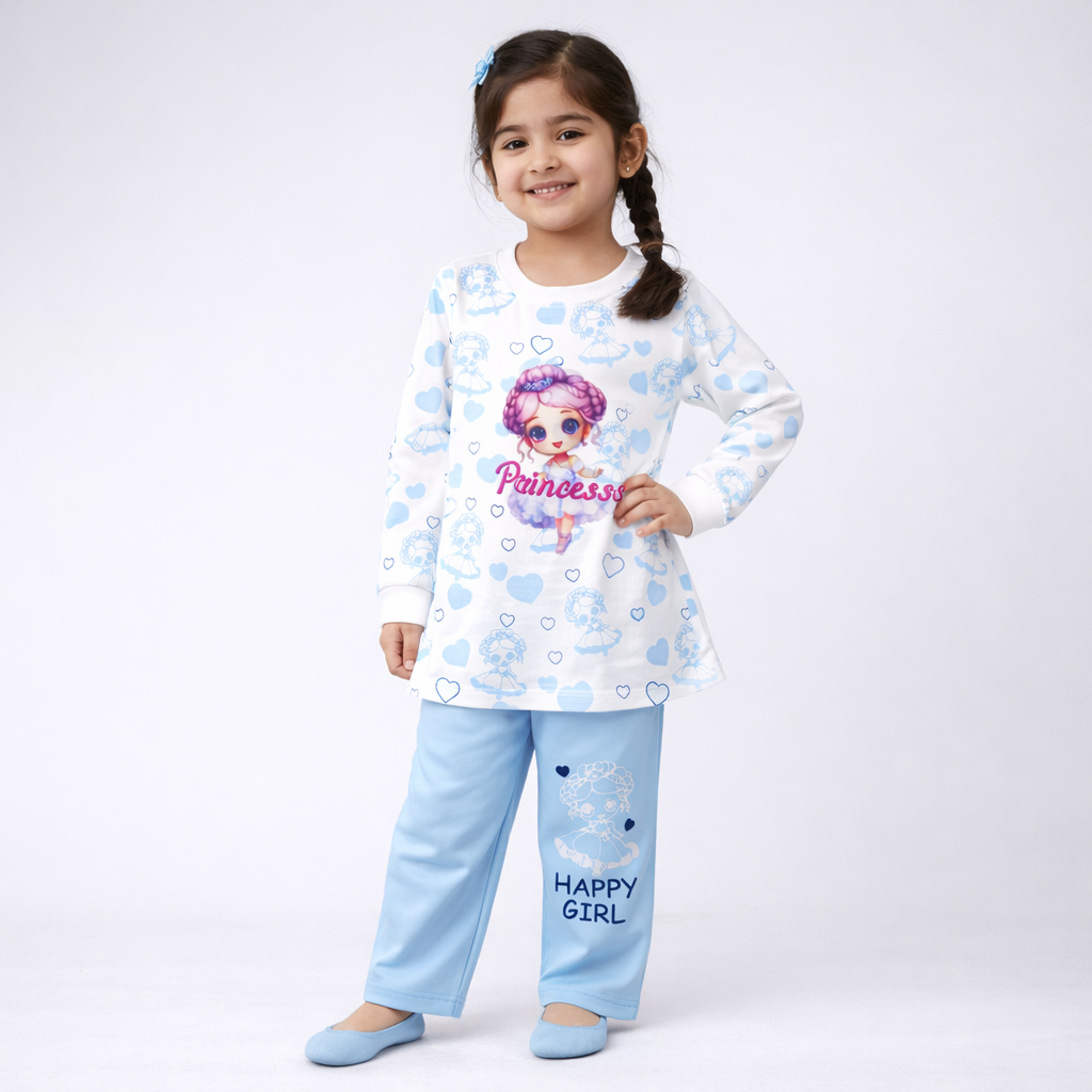 Girls Mint Green Flower Printed T-Shirt with Navy Pants – Casual Kids 2 Piece Outfit