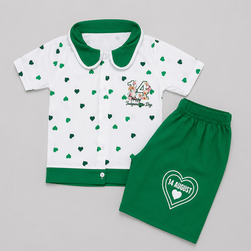Kids 14 August Green & White Independence Day Shirt & Shorts Set