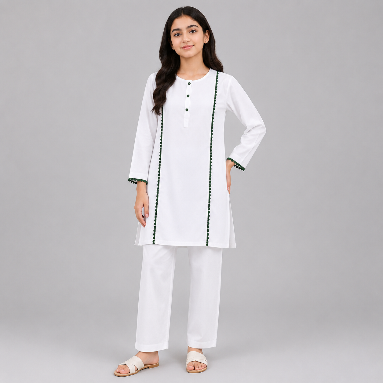 Girls White Cotton Kurta Trouser Set with Green Lace Trim – 2 Piece Eastern Wear for Kids