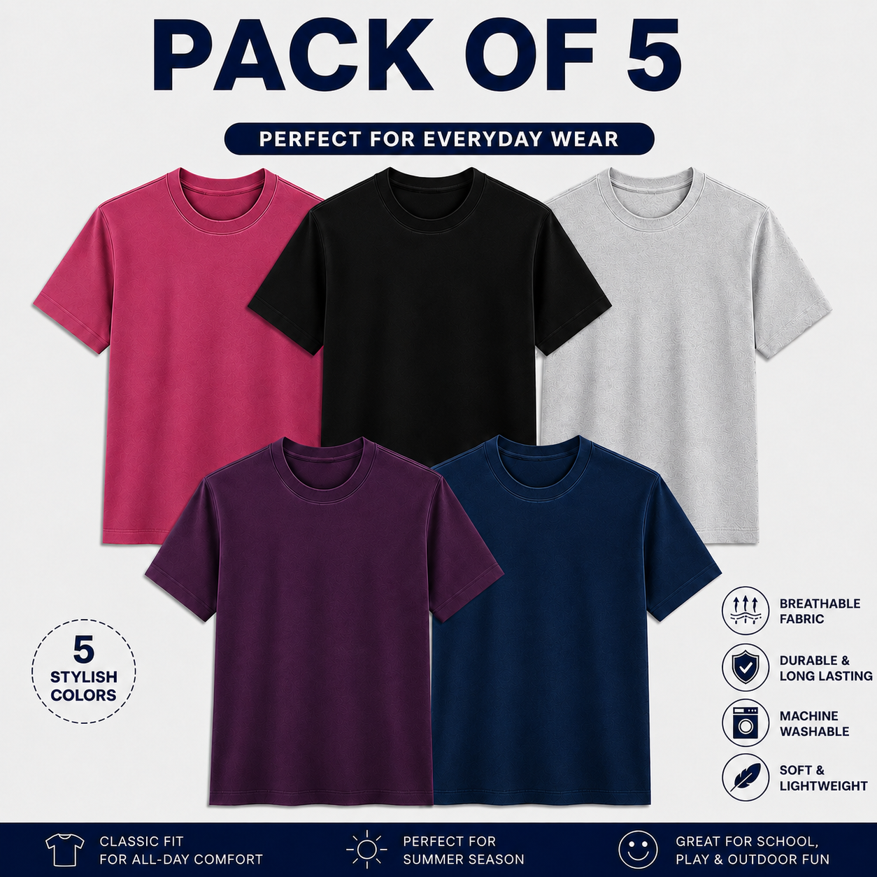 Pack of 5 Kids Plain Kids Cotton T-Shirt  – Soft Summer Casual Shirts for Boys & Girls | Little Minors 6 to 13 Years