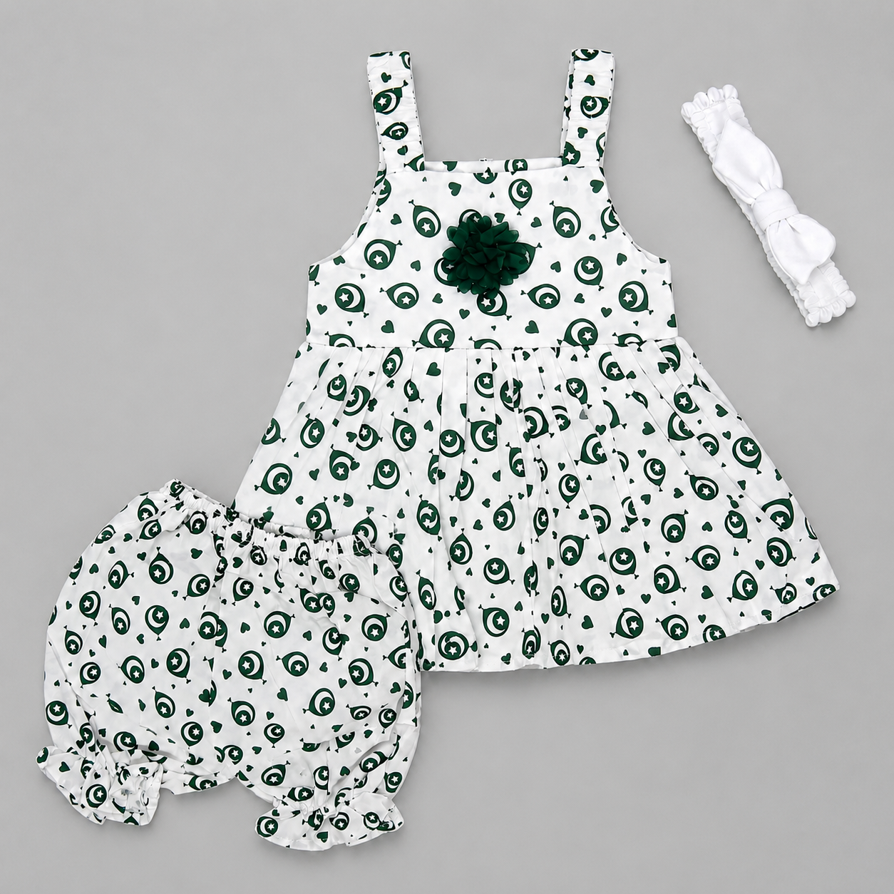 Girls 14 August Independence Day Dress Set – 3 Piece Pakistani Flag Print Outfit - hover image