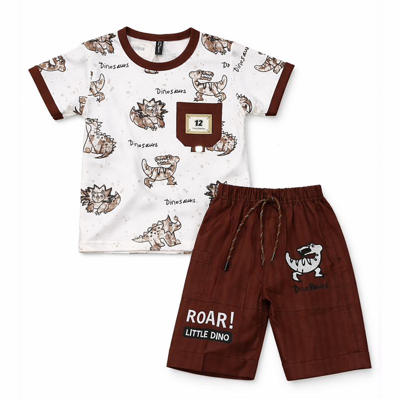 Little Minors boys' dinosaur printed T-shirt and shorts set featuring colorful dinosaur illustrations for ages 2 to 6 years.