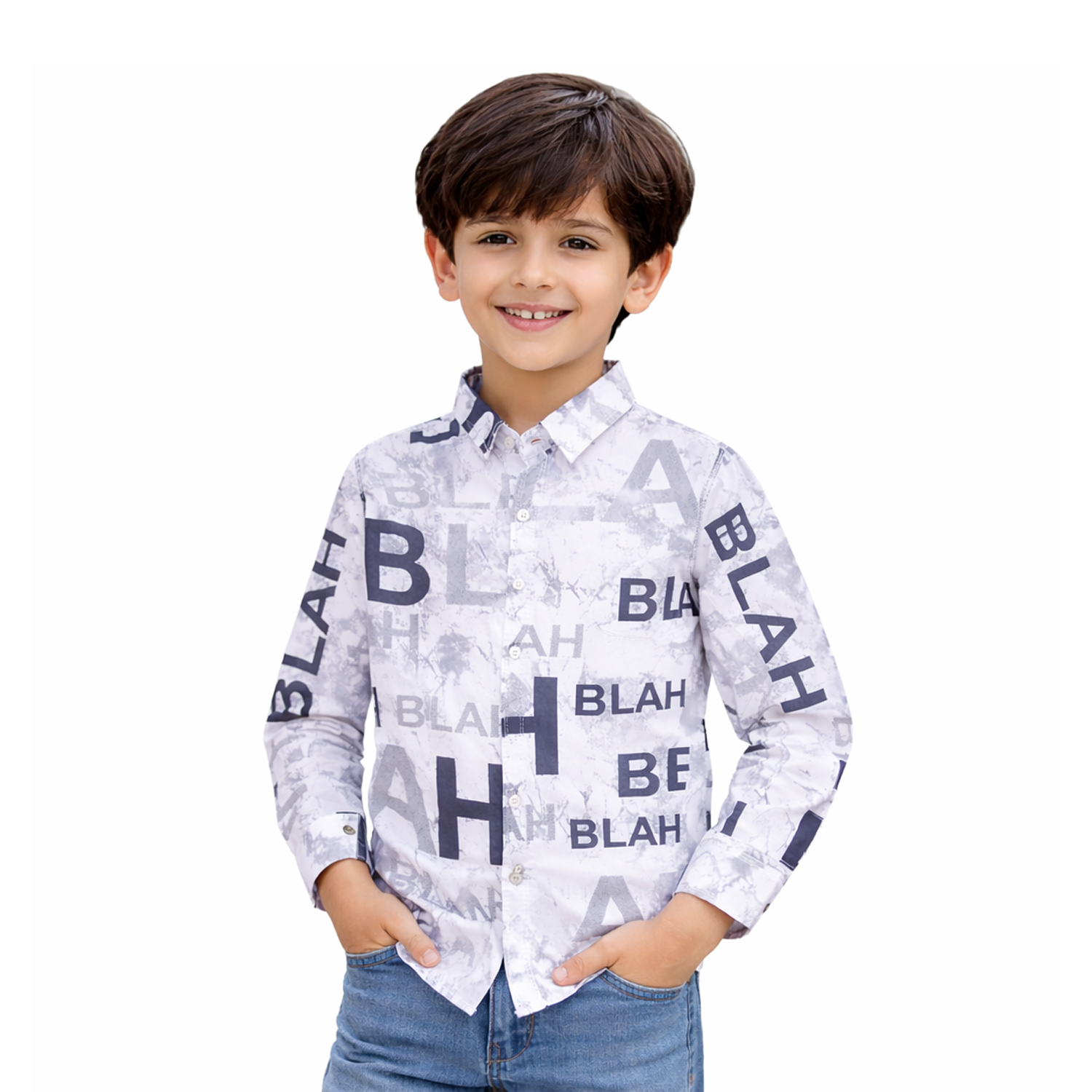 Kids White Graphic Print Shirt – Stylish Boys Casual Button Down Shirt