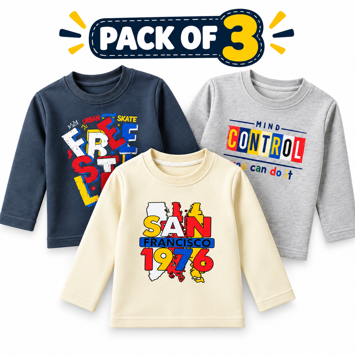 Pack of 3 Kids fleece  Full Sleeve T-Shirts – Printed Cotton Sweatshirts