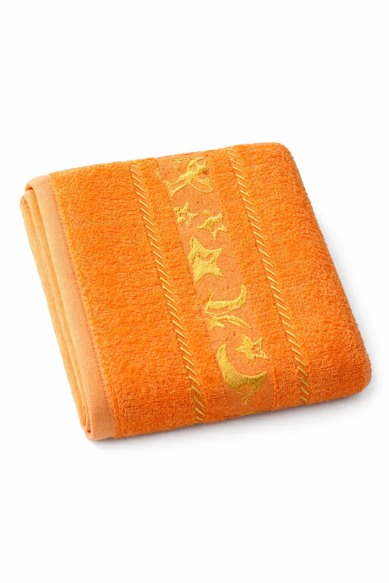 Folded orange baby towel with moon and star embroidery, soft cotton kids bath accessory