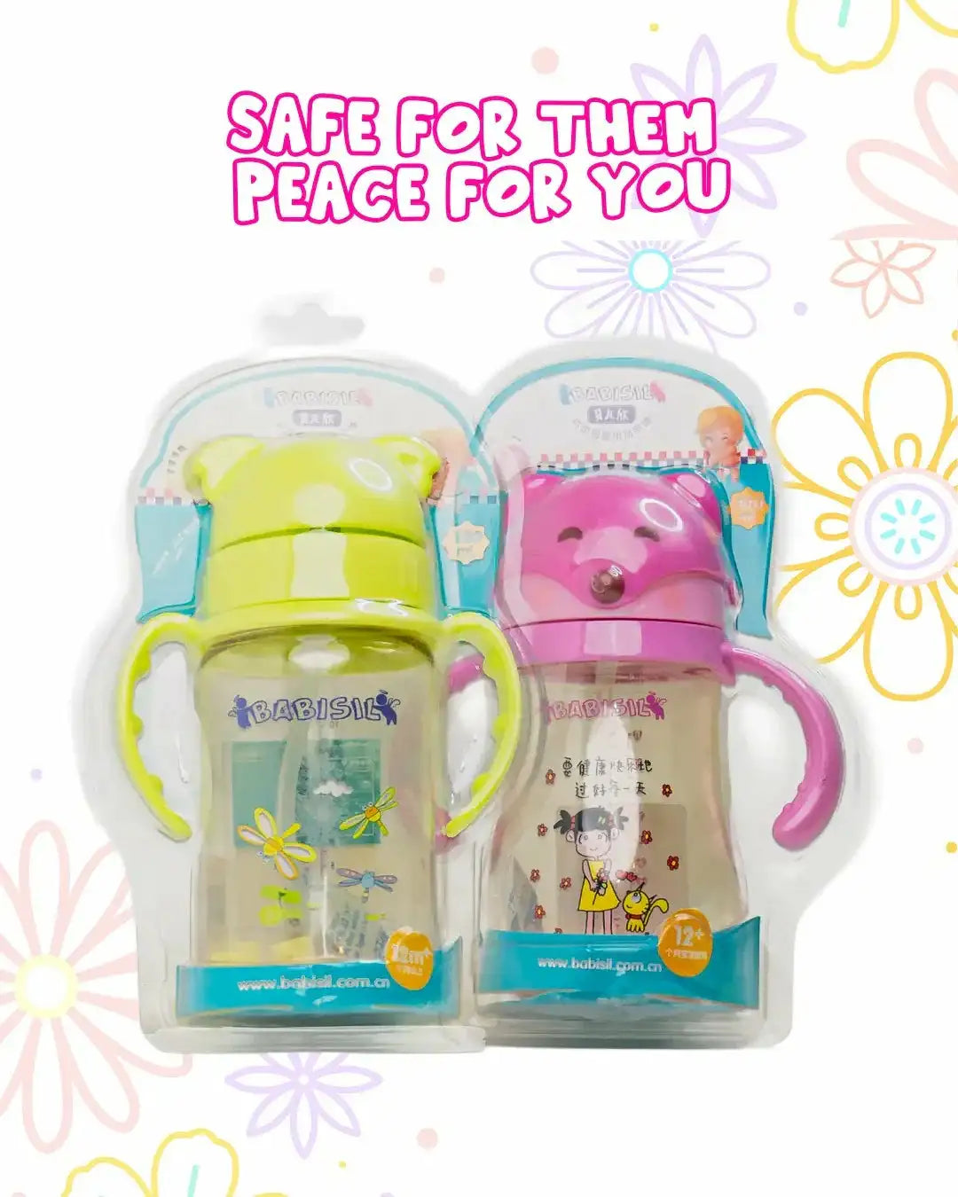 Colorful Babisil baby sippy cups in packaging, with handles and playful designs, perfect for toddlers