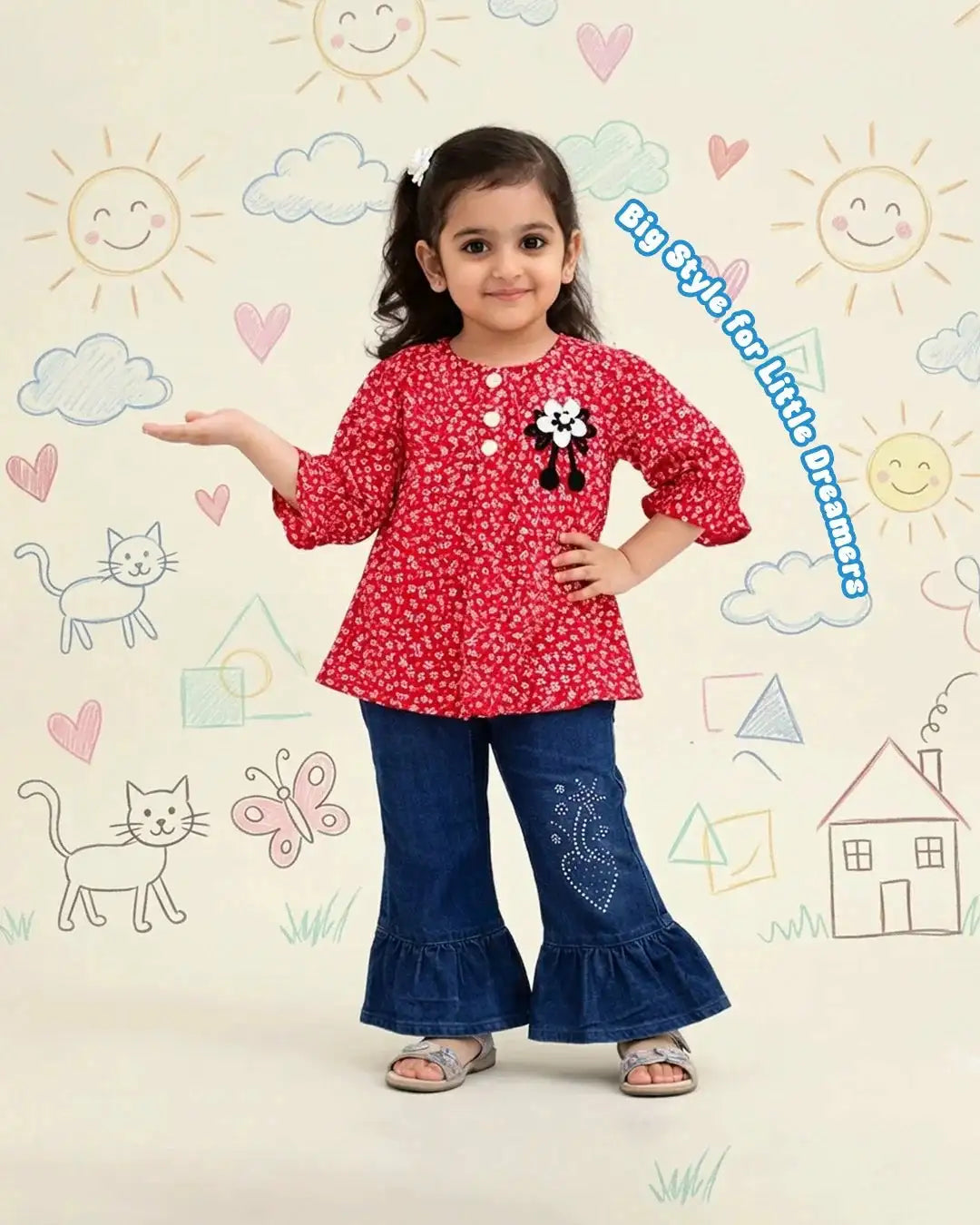 Smiling girl in floral red top and denim flared pants poses with playful kidswear background.