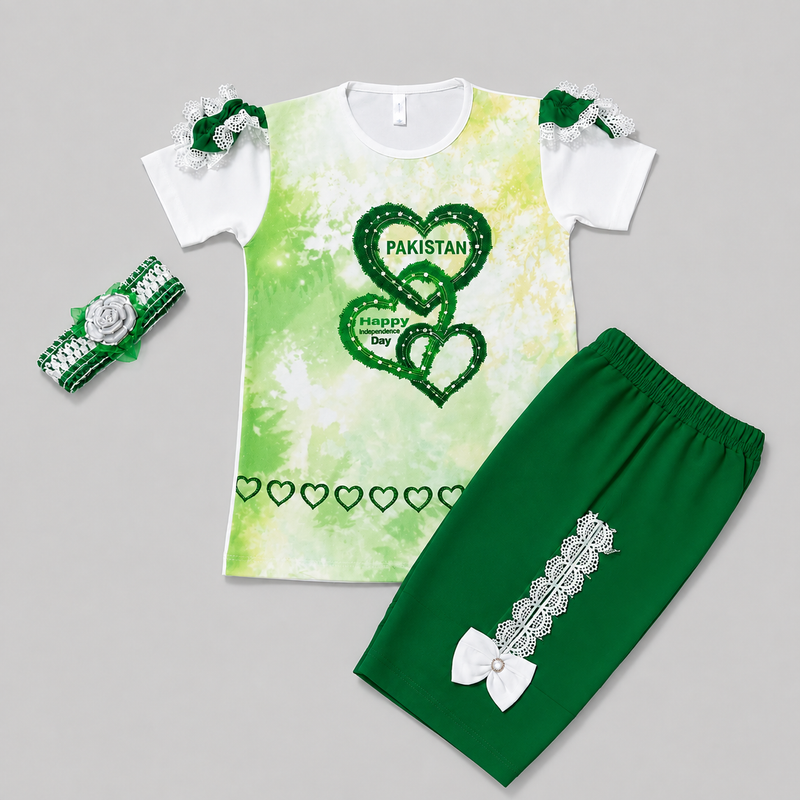 Pakistan Independence Day Girls 2 Piece Suit with Matching Headband