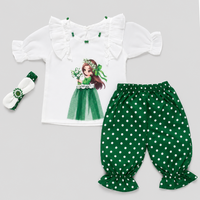 Girls Green Polka Dot Independence Day Outfit – White Ruffle Top & Pants Set with Matching Hairband