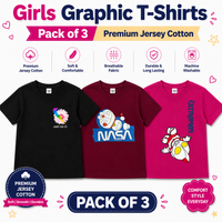 Girls Cotton Graphic T-Shirts Pack of 3 – Soft & Comfortable Casual Tees
