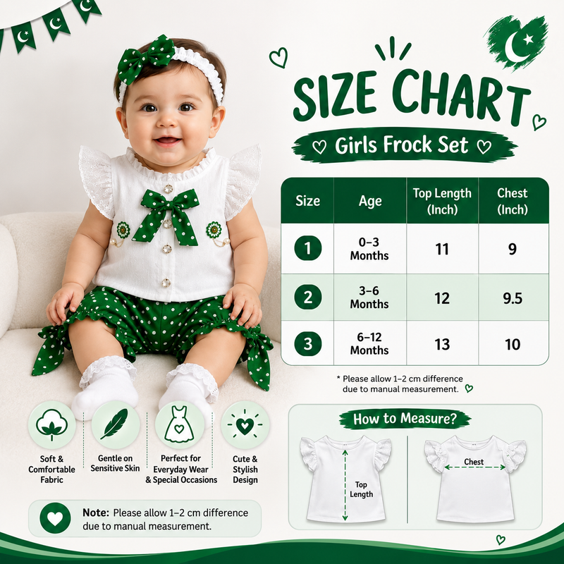 Girls Green Polka Dot Independence Day Outfit – White Ruffle Top & Pants Set with Matching Hairband