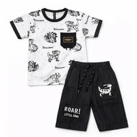 Little Minors boys' dinosaur printed T-shirt and shorts set for ages 2-6, featuring colorful dinosaur graphics and comfortable fabric.
