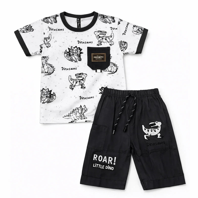 Little Minors boys' dinosaur printed T-shirt and shorts set for ages 2-6, featuring colorful dinosaur graphics and comfortable fabric.