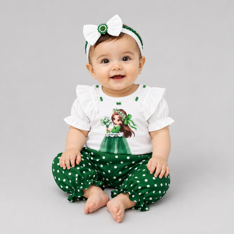 Girls Green Polka Dot Independence Day Outfit – White Ruffle Top & Pants Set with Matching Hairband