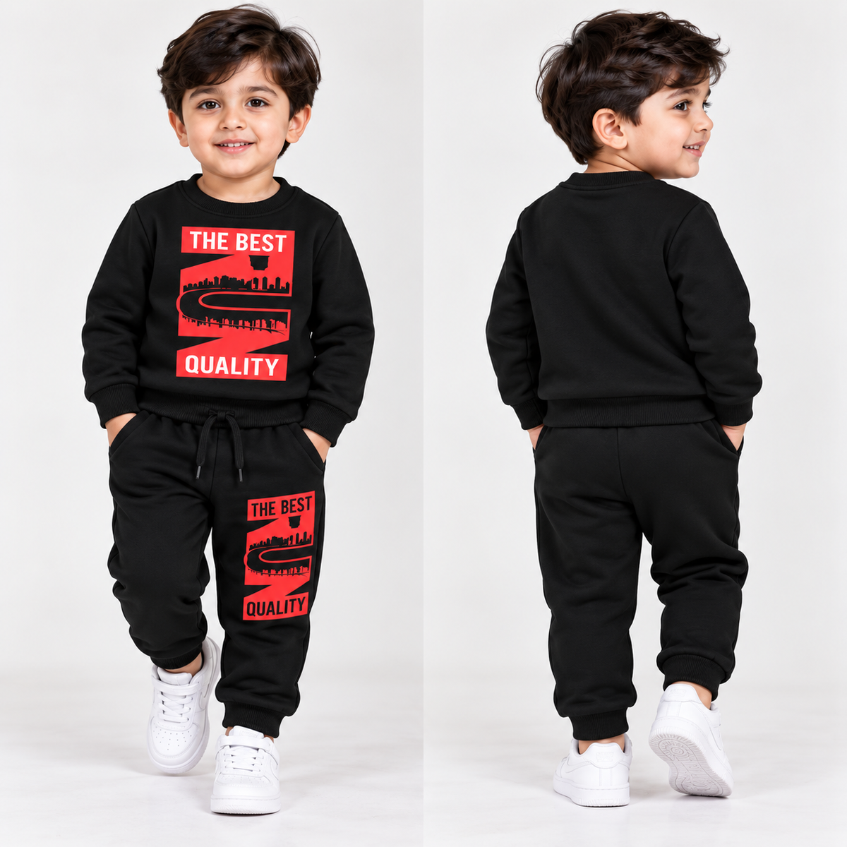 Kids Fleece Tracksuit  Warm Printed Winter Sweatshirt & Trouser Set Black - hover image