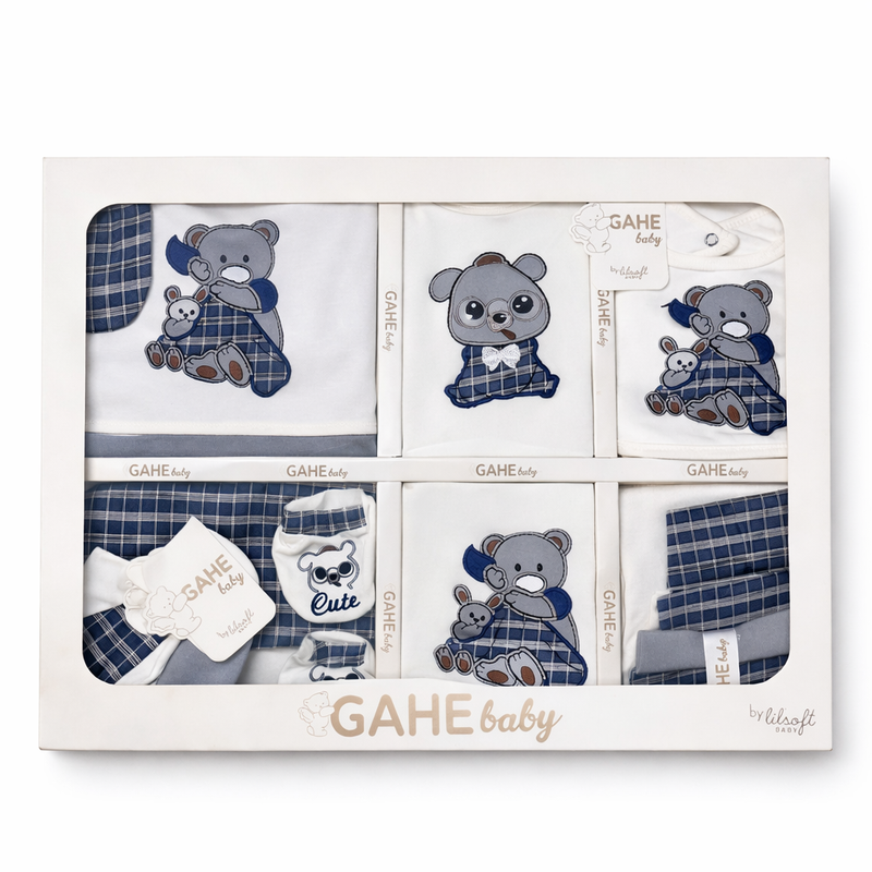 Little Minors luxury newborn baby gift set with 10-piece cotton bear-themed items, including soft clothing and accessories.