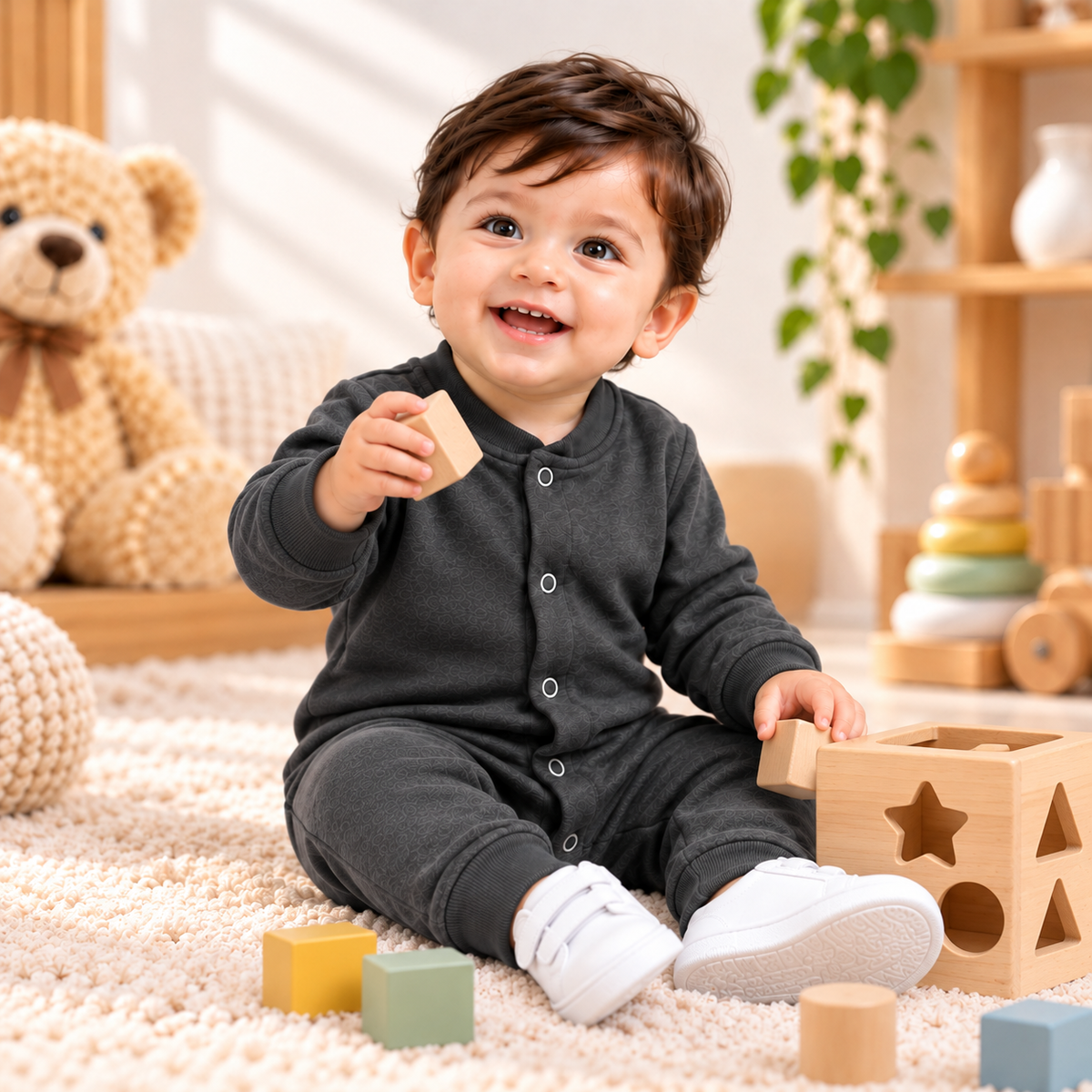 Three baby boys' winter fleece rompers in full sleeve styles from Little Minors, displayed in a pack for cold weather warmth. - hover image
