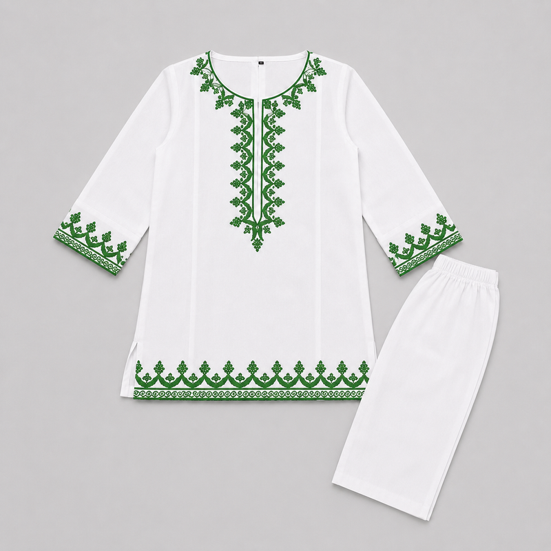 Girls White Embroidered Cotton Kurta Trouser Set – 2 Piece Pakistani Eastern Dress for Kids