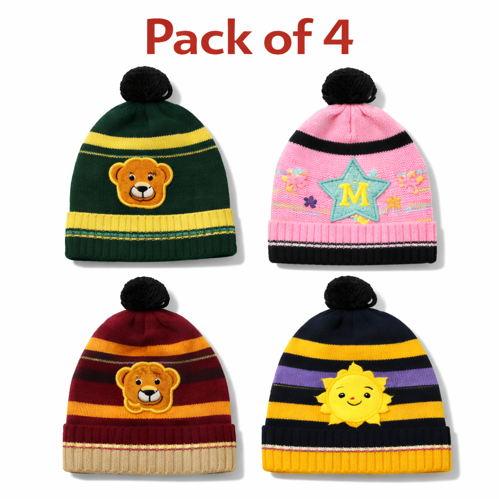 Kids Winter Beanie Caps Mix Designs Pack of 4 | Soft Knitted Warm Hats with Cute Cartoon Designs