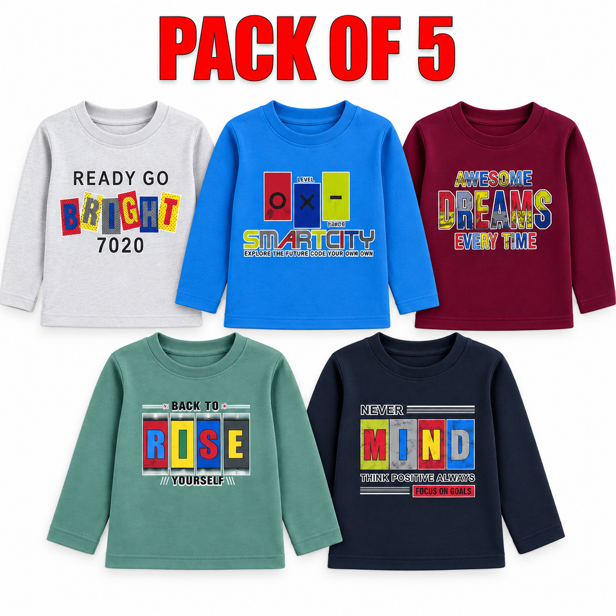 Pack of 5 Kids fleece  Full Sleeve T-Shirts – Printed Cotton Sweatshirts