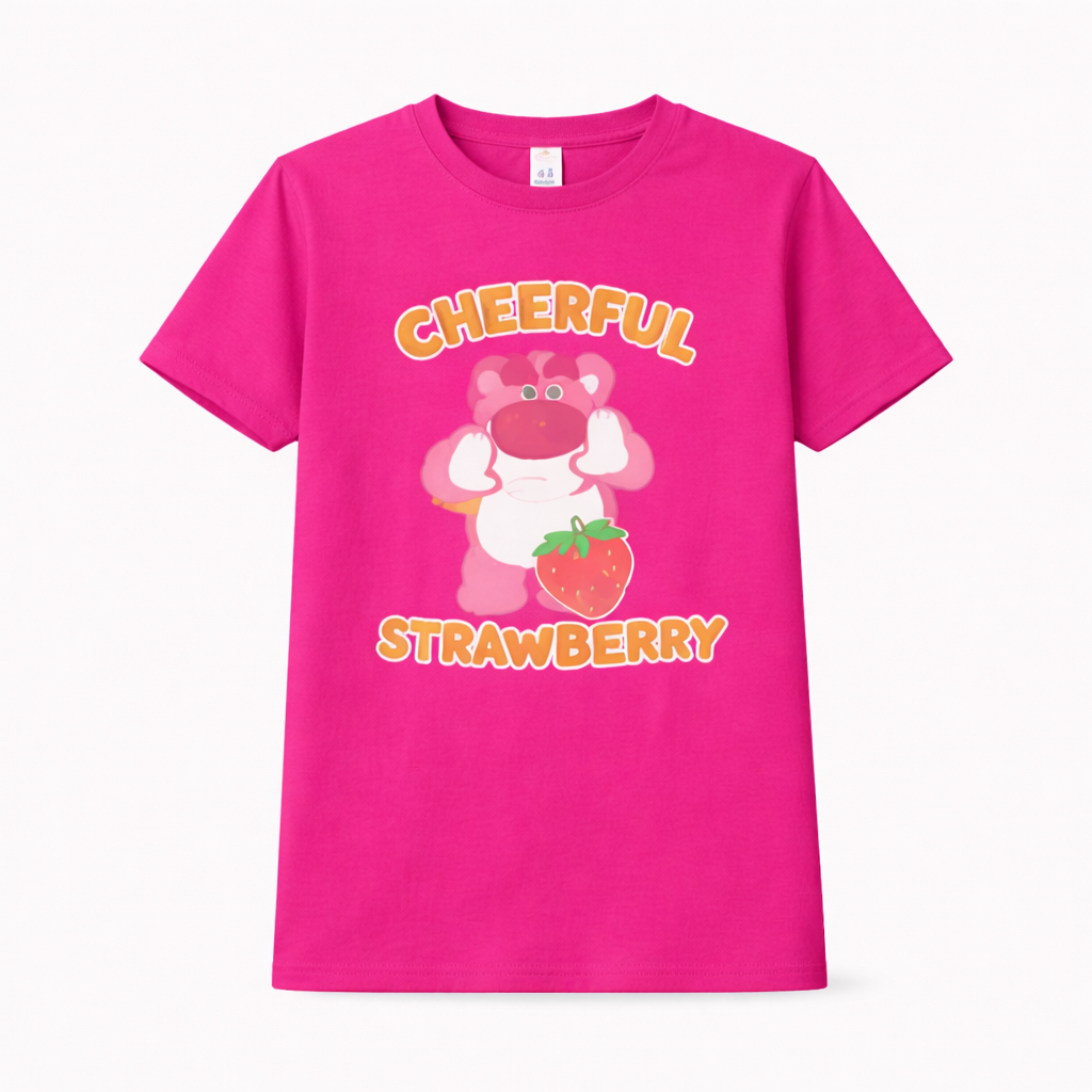 Girls cheerfully smiling strawberry pink T-shirt by Little Minors with cute cartoon summer design for ages 1 to 14 years. - hover image