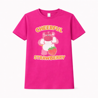 Girls cheerfully smiling strawberry pink T-shirt by Little Minors with cute cartoon summer design for ages 1 to 14 years.