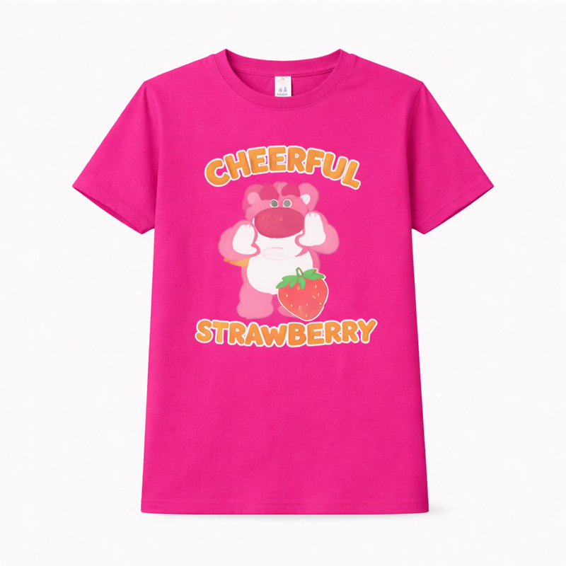 Girls cheerfully smiling strawberry pink T-shirt by Little Minors with cute cartoon summer design for ages 1 to 14 years.
