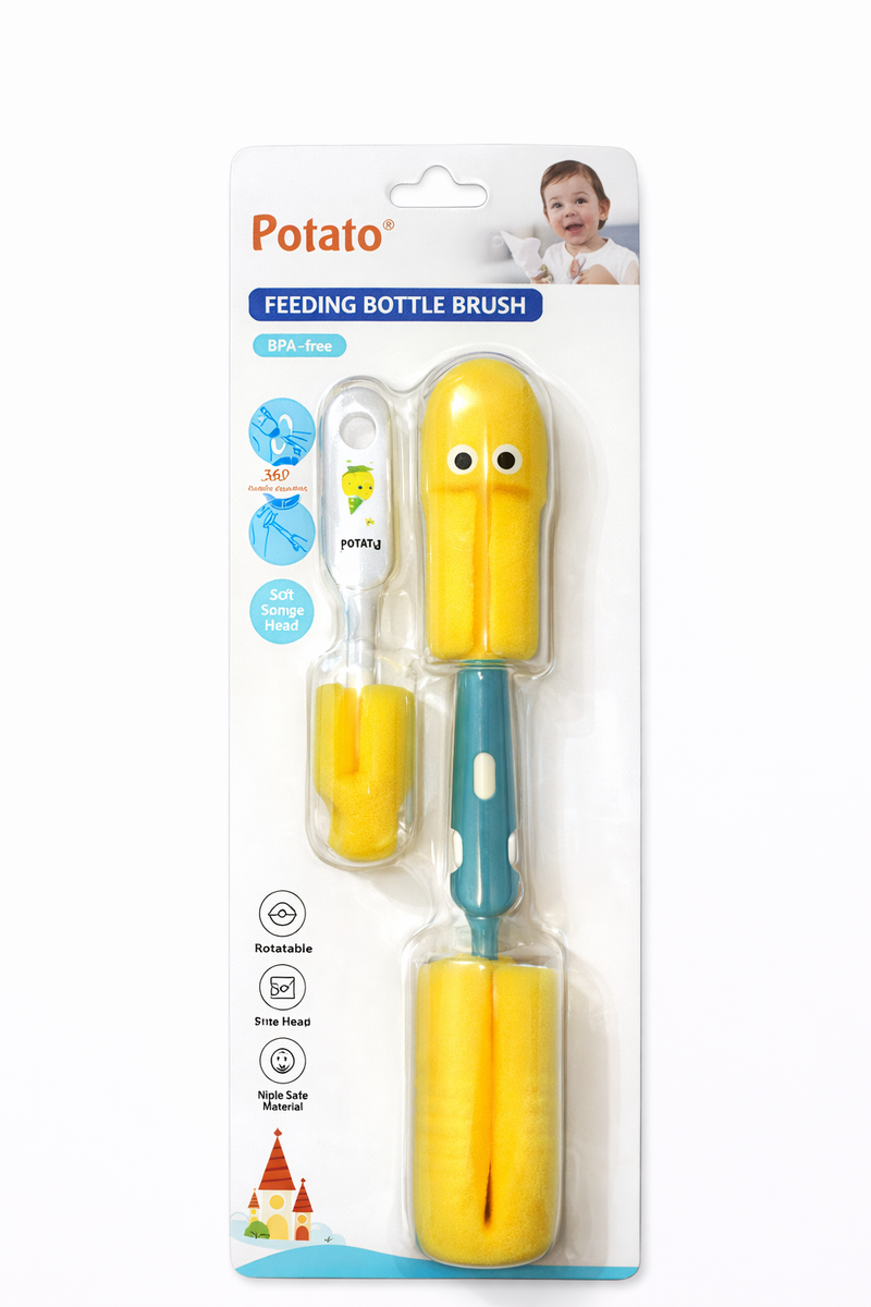 Little Minors baby feeding bottle brush set with 360° rotatable sponge cleaner and BPA-free materials, ideal for bottle cleaning.