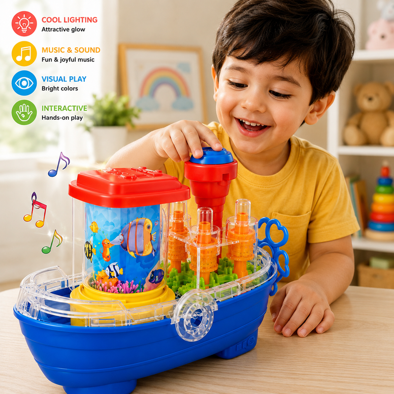 Transparent Gear Land Ship Toy – Musical Light-Up Boat with Rotating Fish