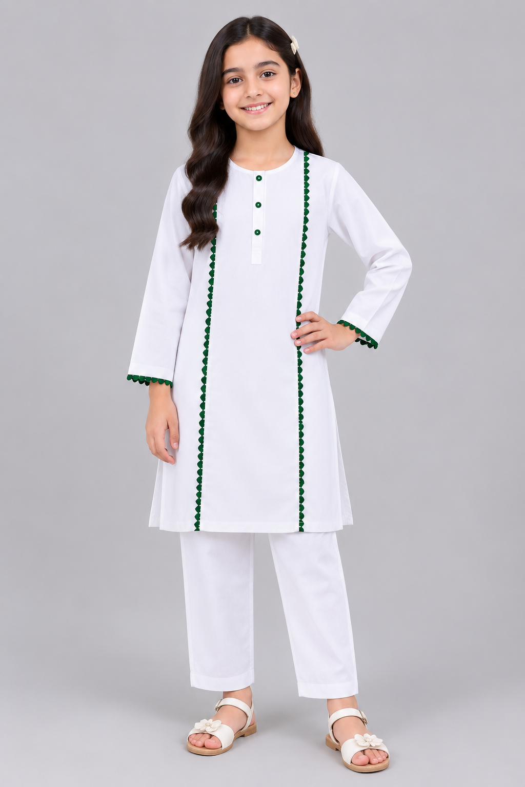 Girls White Cotton Kurta Trouser Set with Green Lace Trim – 2 Piece Eastern Wear for Kids - hover image