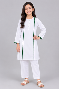 Girls White Cotton Kurta Trouser Set with Green Lace Trim – 2 Piece Eastern Wear for Kids
