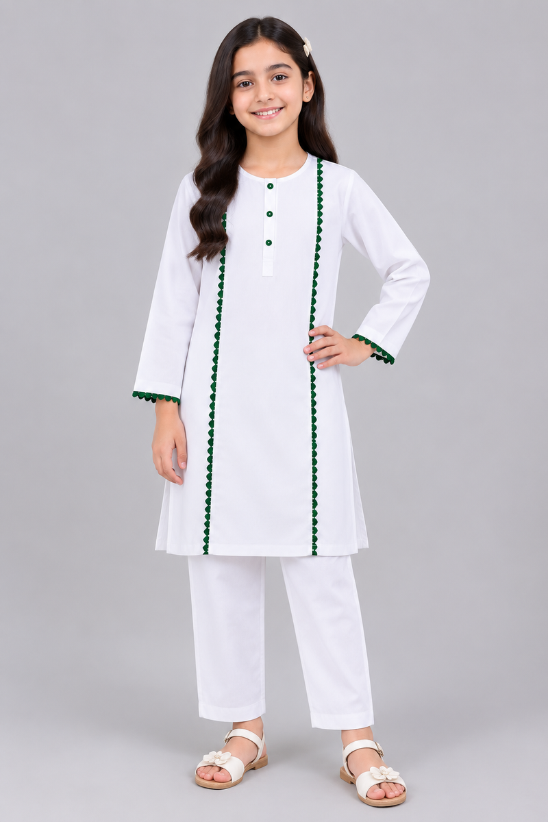 Girls White Cotton Kurta Trouser Set with Green Lace Trim – 2 Piece Eastern Wear for Kids