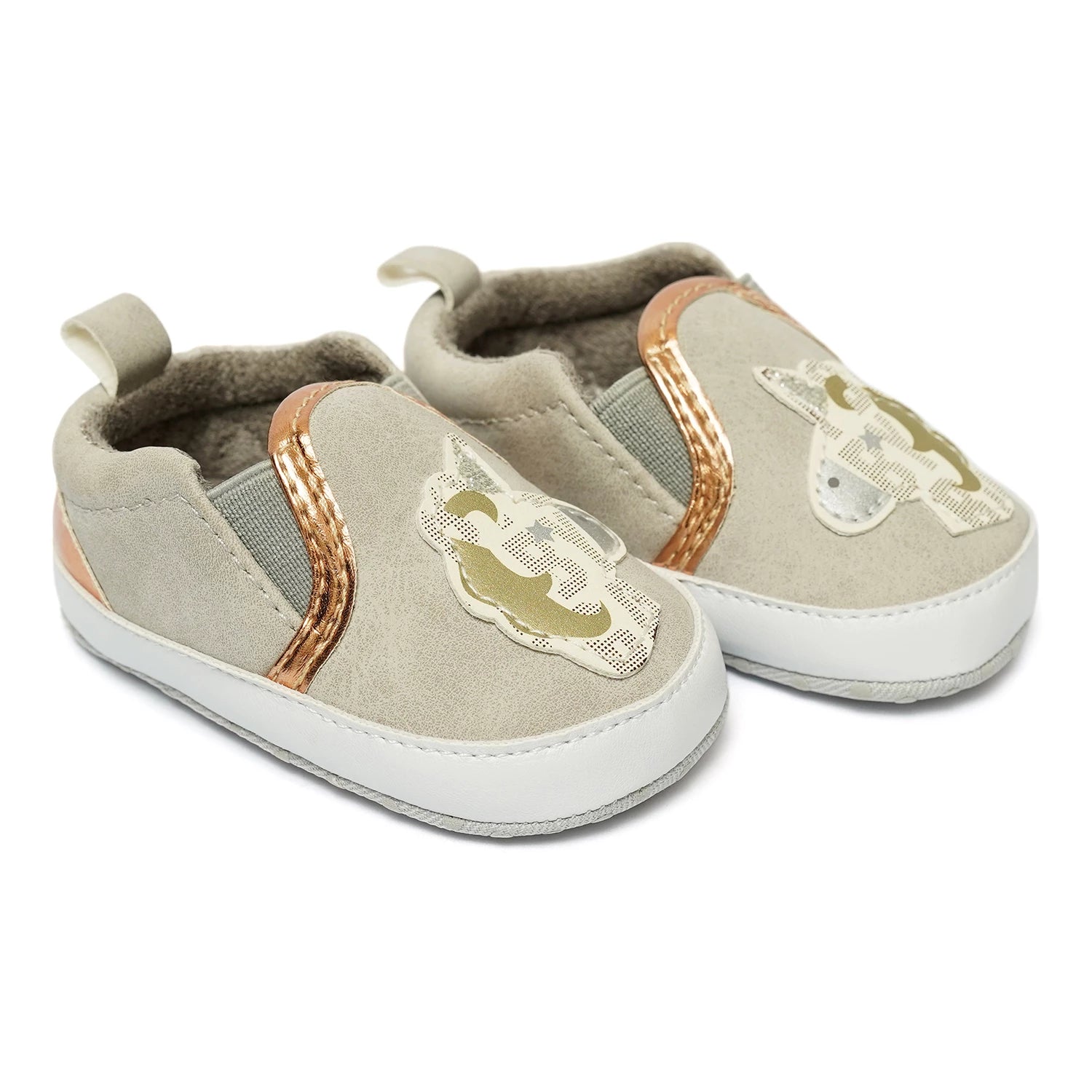 Baby Soft Slip-On Shoes – Cute Print with Metallic Trim