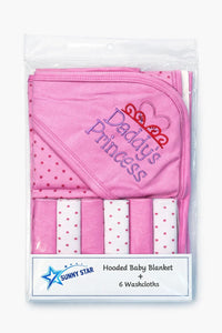 Pink hooded baby blanket with 'Daddy's Princess' embroidery and six matching polka dot washcloths in packaging.