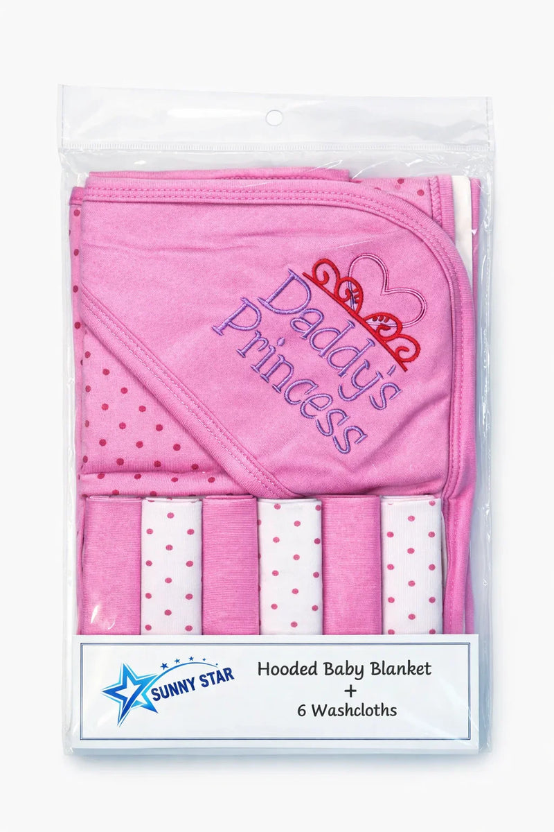 Pink hooded baby blanket with 'Daddy's Princess' embroidery and six matching polka dot washcloths in packaging.