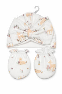 Baby headband and mittens set with bow, white fabric, deer and floral print