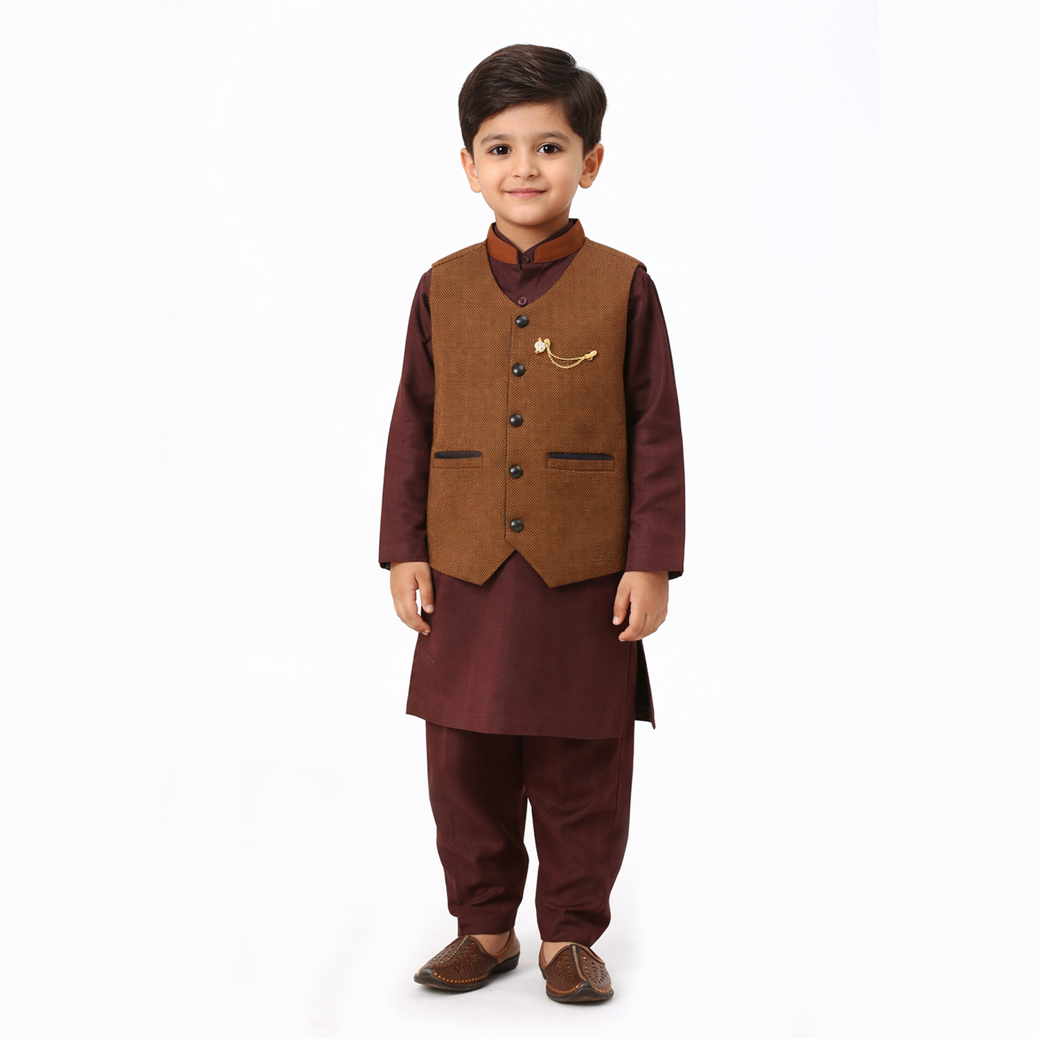 Kids Kurta Shalwar Kamez With Waistcoat Printed Texture Doted  Design