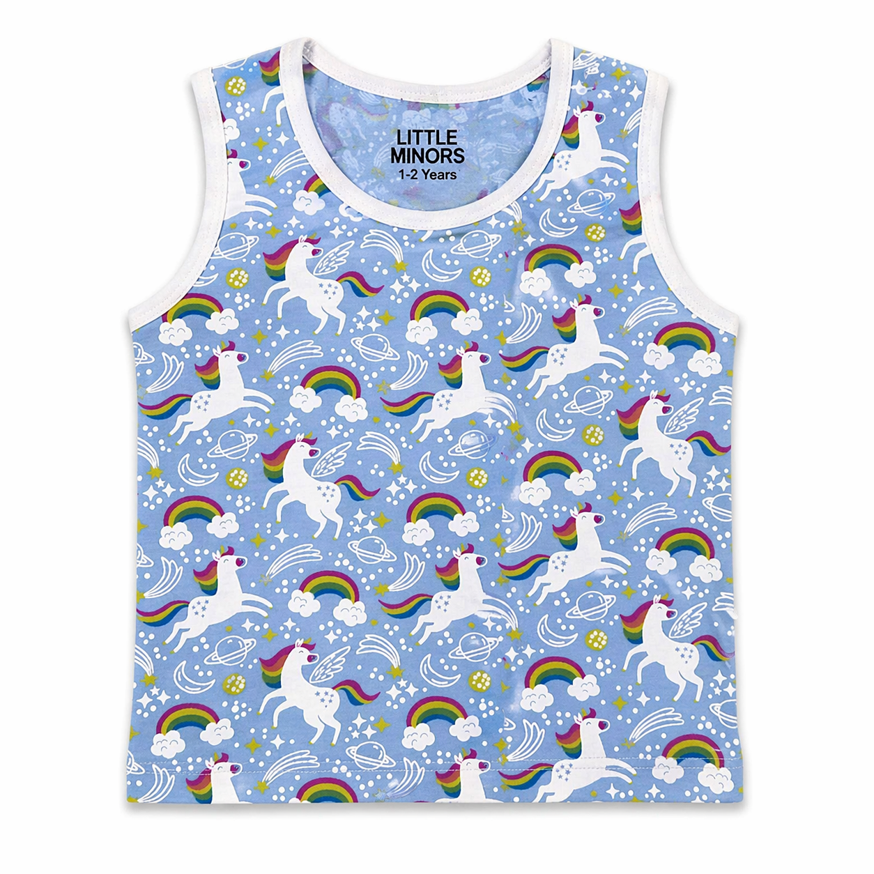 Baby girl unicorn printed summer vest by Little Minors, sleeveless cotton top for ages 1 to 5 years, featuring colorful unicorn design.