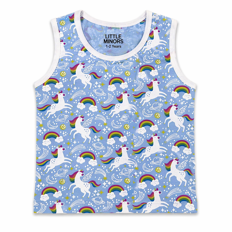 Baby girl unicorn printed summer vest by Little Minors, sleeveless cotton top for ages 1 to 5 years, featuring colorful unicorn design.