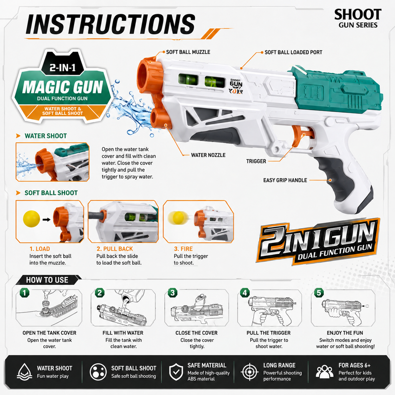 2-in-1 Magic Gun Toy Set with Soft Balls & Water Shooting – Kids Shooting Game