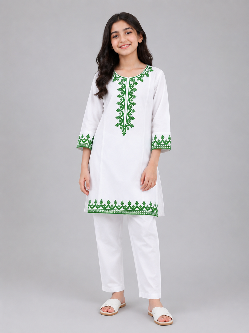 Girls White Embroidered Cotton Kurta Trouser Set – 2 Piece Pakistani Eastern Dress for Kids