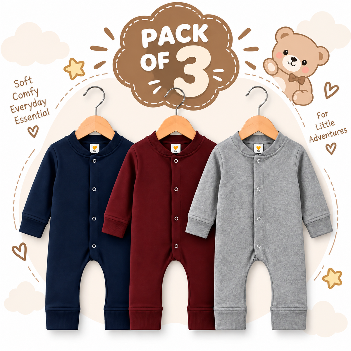 Baby Boys Winter Rompers Pack of 3 Full Sleeve Fleece Rompers